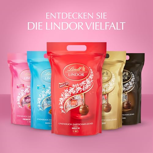 Lindt LINDOR Schokoladen| 1 kg Beutel, wiederverschließbar | ca. 80 Kugeln weiße Schokolade mit Erdbeer-Sahnecrème | Großpackung, Pralinen-Geschenk