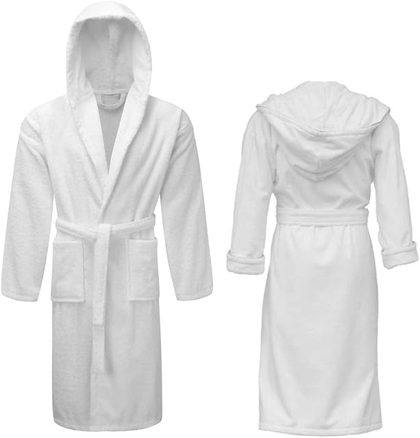 Unisex Luxury 100% Cotton White Bathrobe Terry Towel Soft Dressing Gowen Hooded Hotel Quality