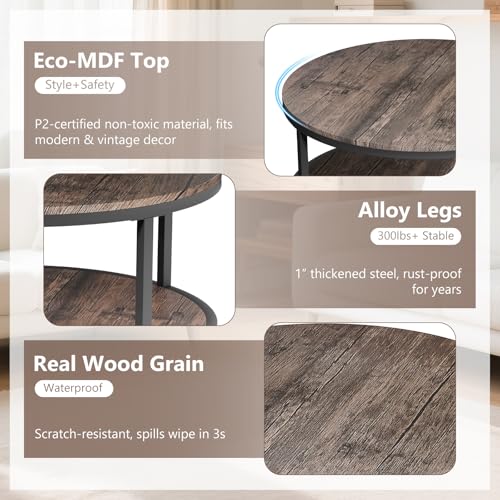 Image of Round Coffee Table 36 inch, 2-Tier Living Room Center Table with Storage Shelf, Rustic Wood Top & Sturdy Metal Frame, Modern Coffee Table for Family, Spacious Rooms, and Home Furniture (Light Walnut)