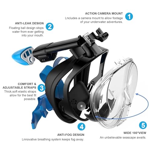 Jsdoin Snorkel Mask Full Face,180°view Design - Anti-fog, Anti-leak Technology - Sports Camera Compatible - for a Safe Adults and Kids Snorkeling Experience (BlackBlue, L/XL)
