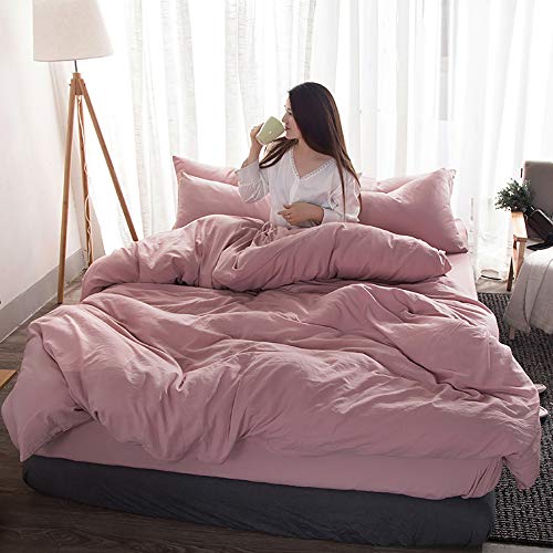 Housse de couette en lin lavé double king size 4 pièces lit blanc - 7