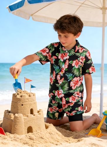 Image of UNICOMIDEA Boys Hawaiian Outfits Tropical Print Button Down Shirt + Swim Trunks 2 Piece Sets for 5-12T Kids