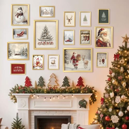ANERZA 16 PCS Framed Christmas Wall Art Decor, Vintage Gallery Wall Frame Set Prints for Bedroom Bathroom, Winter Posters for Living Room Aesthetic, Dorm Home Artwork Collage Kit, Christmas Gifts