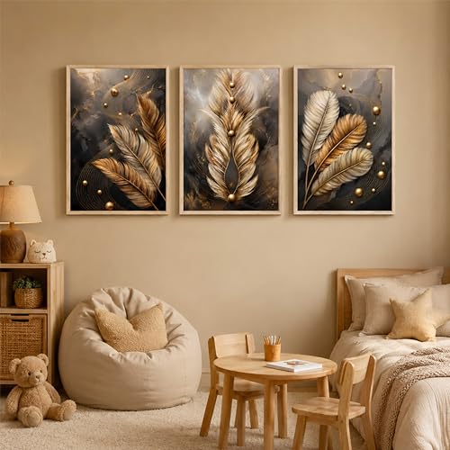 Image of Artify Abstract Feather Wall Painting Set of 3 for Living Room Bedroom Hall Office Decor, Gold Beige Black Modern Artwork, Premium Wooden Synthetic Frame