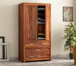 Kunjal Furniture Wooden Wardrobe for Clothes | sheesham Wood almirah for Clothes Organisation | Solid Wood Large Cupboard Storage Cabinet Natural Colour Finish (Rustic)