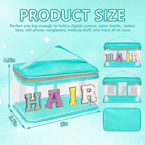 Iqimott Preppy Clear Makeup Cosmetic Bag for Women Travel, Nylon PVC Chenille Glitter Letter Toiletry Storage Tote Bag, Transparent Waterproof Organizer Zipper Pouch with Handle(Hair, Green)2