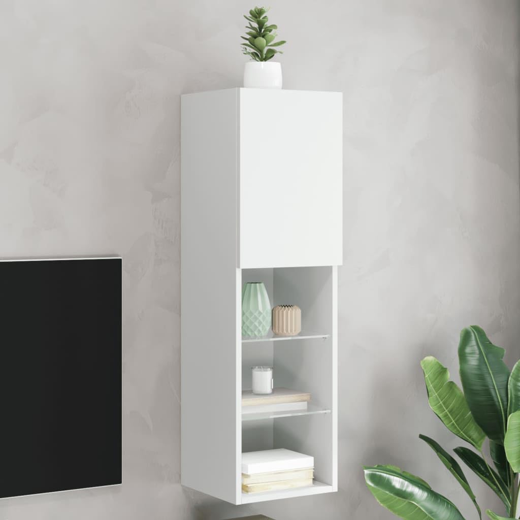 vidaXL Meuble TV avec Lumières LED, Armoire de Télévision Murale avec Rangement, Meuble Télé Suspendu Salon Salle de Séjour, Moderne, Blanc