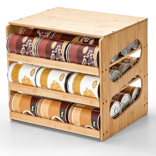 Aminigram Bamboo Rolling Can Organizer for Pantry, 4 Tier Pantry Can Organizers and Storage, Soup Can Organizer for Counter top Kitchen Cabinet
