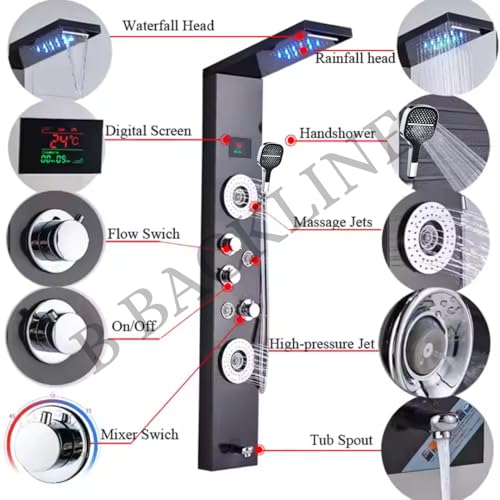 Image of Shower Panels For Bathroom SUS 304 Grade 7 in 1 With 3 Function Hand Shower | Shower System With Temperature Display Rainfall Shower |Hot & Cold Water Adjustable | Body Mist Spray | Water Spout