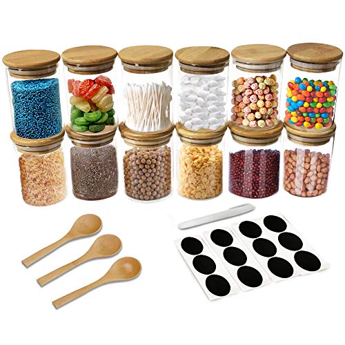 12 Piece Glass Jars with Natural Bamboo Lids with 3 Bamboo Spoons for Home Kitchen - Tea, Flour, Cookie, Candy & Spices - 8oz Small Food Storage Airtight Canister Sets for Kitchen Pantry Organization