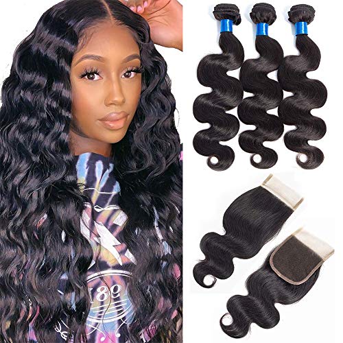 Bundles With Closure Body Wave Brazilian Hair Bundles With Closure 100% Unprocessed Virgin Human Hair Body Wave Hair Weft With 4x4 Free Part Lace Closure Natural Black Color (12 14 16+10 Free Part)