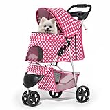 MoNiBloom 3 Wheels Pet Dog Cat Stroller for Small Medium Dogs Cats, Foldable Jogger Stroller w/Storage Basket and Cup Holder, Hot Pink Polka Dots