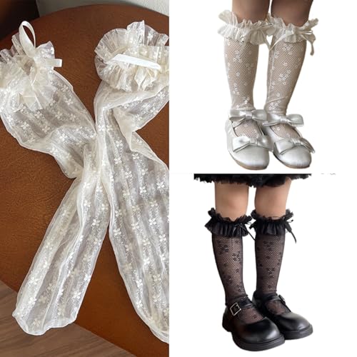 Socks Over Knee Stockings Over Calf Socks Girls Lace Trim Bowknot Over Knee Stockings for Children Girl 3-13 Year2