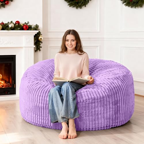 Image of HABUTWAY 4FT Bean Bag Chair, 4' Large Bean Bag Chairs for Adults with Removable Stripe Plush Cover, Memory Foam Beanbag Chair for Living Room Bedroom Dorm (Purple)