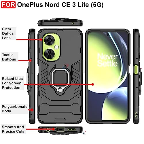 Image of CEDO Kickstand Cover for OnePlus Nord CE 3 Lite (5G) Rugged Case | Built-in Stand Rotating Ring Holder | Military Grade Armor Bumper Back Cover (Black)