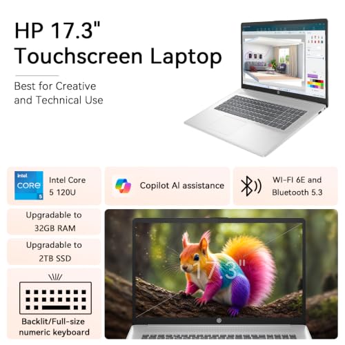 Image of HP 17 Inch Laptop Touchscreen Computer, 17.3 HD+ Business Laptop AI PC, Intel Core 5(10-Core, Beat i7-1355U), 32GB RAM 1TB SSD, Windows 11 Pro, Backlit Keyboard, USB-C(Displayport)&HDMI