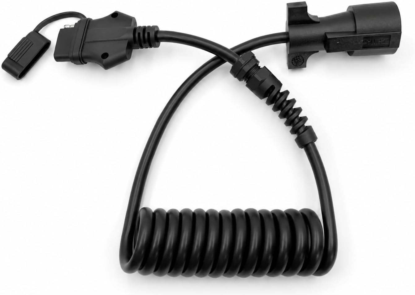 7 Way Round to 5 Way Flat Coiled Trailer Adapter/Connector with Trailer Clip and Upgraded UV Coating (6') - Coiled, Extendable, Double Prong 7 Way Adapter, and Trailer Clip (6 Feet)