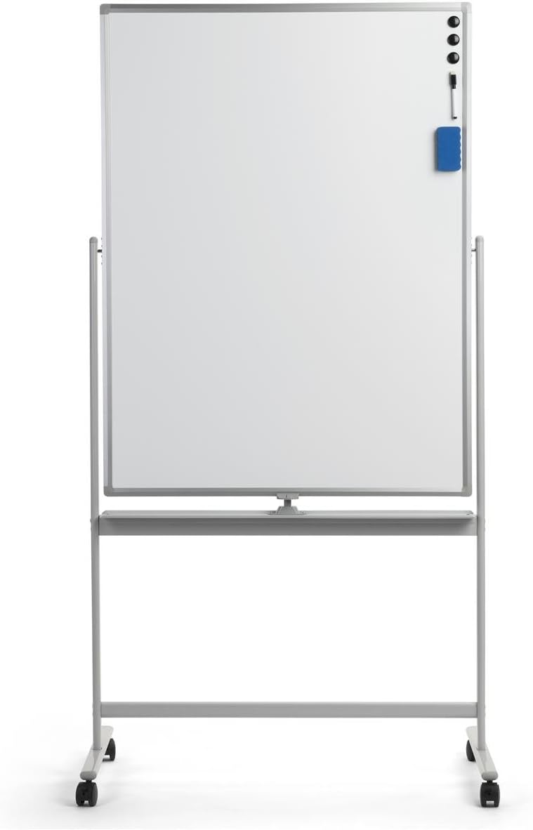 Displays2go 36 x 48 Magnetic White Board with Wheels, Double-Sided – Silver (WHBMOB3648)