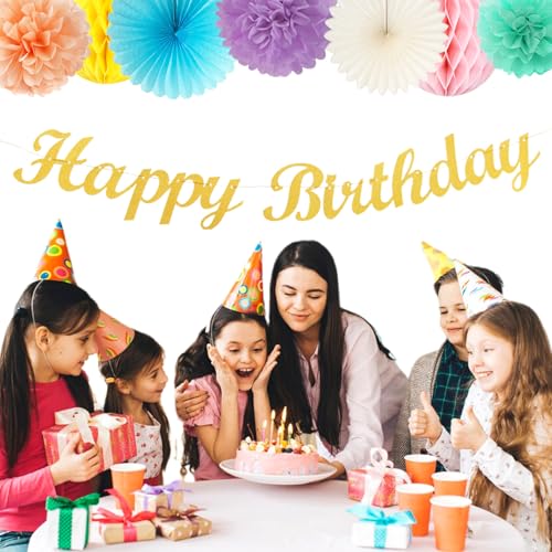 Image of Pastel-Rainbow Colorful Birthday Party-Decorations Paper-Flowers - 14pcs Happy Banner Carnival Theme Lanterns Tissue Pom Poms,Macaron Streamers Garland Fans Honeycomb Hanging Supplies Decor Hugfond
