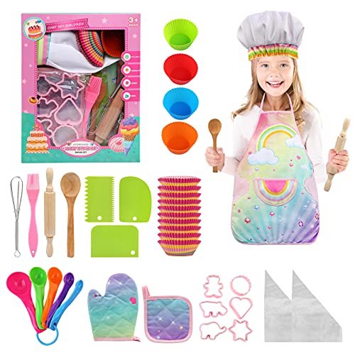 Ballery Backset Kinder, 38 Stücke Koch-und Backset für Kinder Kochschürze Kinder mit Kochmütze Kinderküche Zubehör Kochen Spielen Küchenspielzeug für 3-8 Jahre Mädchen und Jungen Geschenk