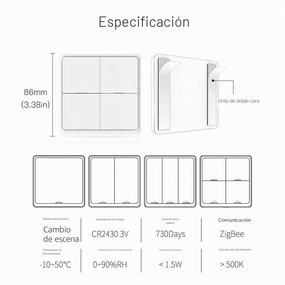 MOES Zigbee Interruptor Inalámbrico Inteligente, 4 Vía 12 Scene Smart Button Switch para Tuya Smart Device, Requiere Tuya/MOES/Smart Life APP(batería incluida,blanco)