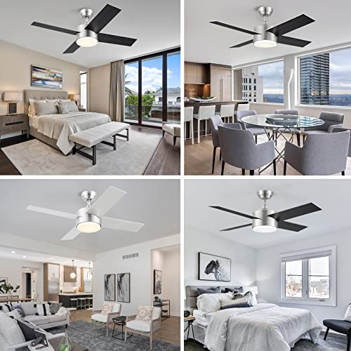 Snj 44 Inch Brushed Nickel And Black Ceiling Fans With Lights And Remote, Low Profile, Modern, Ceiling Fan, Bedroom, Indoor, Outdoor, Home, Fandelier, Led, Dimmable, Quiet Reversible #TOP1
