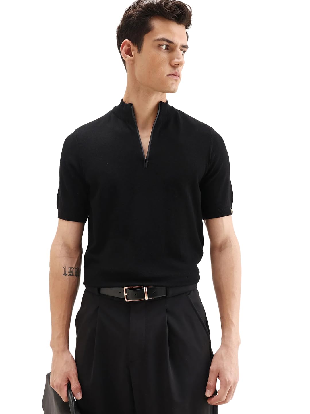 Rare Rabbit Men’s Alfeto Black Viscose Plain Regular Fit Half Sleeve Polo