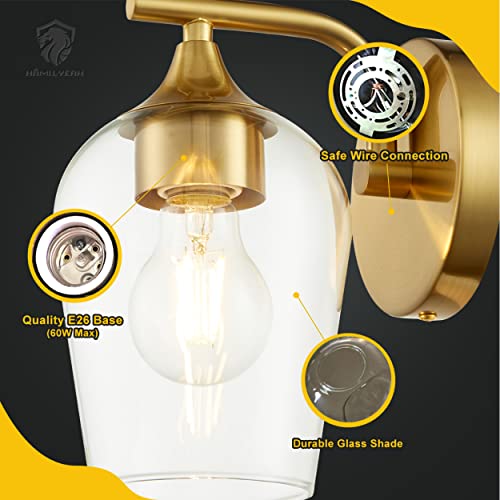 Hamilyeah Gold Sconces Wall Lighting Set Of 2, Modern Wall Sconces With Clear Champagne Glass Shade, Industrial Bathroom Sconce Lighting, Ul Listed #TOP4
