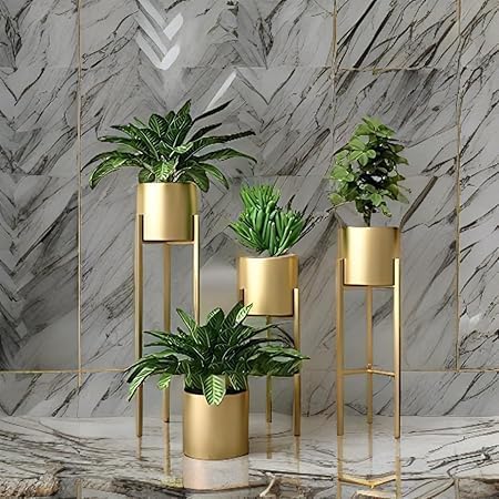 AFROZ HANDICRAFTS : Metal Floor Flower Stands with Planter Pot - Set of 3, Modern Indoor Plant Stand for Living Room Bedroom Display, (Gold) (B0DCNBT74S) Amazon Price History, Amazon Price Tracker