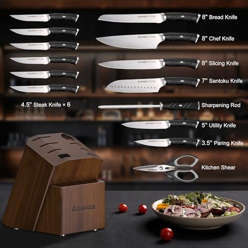 Astercook Kitchen Knife Set, 15 Piece Knife Block Sets with German 1.4116 Steel Sharper and Rust Proof, Full Tang Knives Set with Ergonomic Nylon Handle, Dishwasher Safe Black