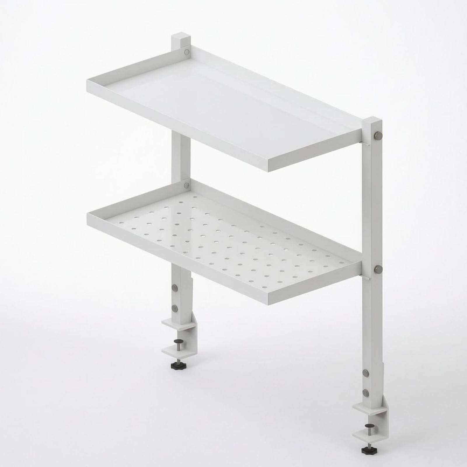 Scaffale da Scrivania con Morsetto Organizer Ripiano Supporto Pensile Mensola Metallo Acciaio al Carbonio con Doppia Mensola E Pannello Forato Adatto per Ufficio Studio Postazione Lavoro