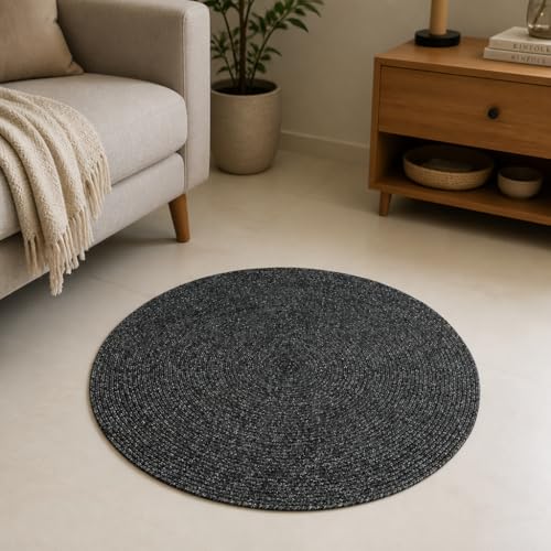 Image of Handmade Cotton Braided 2x2 feet Doormat Rug - Washable, Low Pile Reversible Floor Mat for Bedroom, Kitchen, Entryway & Living Room - Eco-Friendly Woven Carpet - (Charcoal, Round)