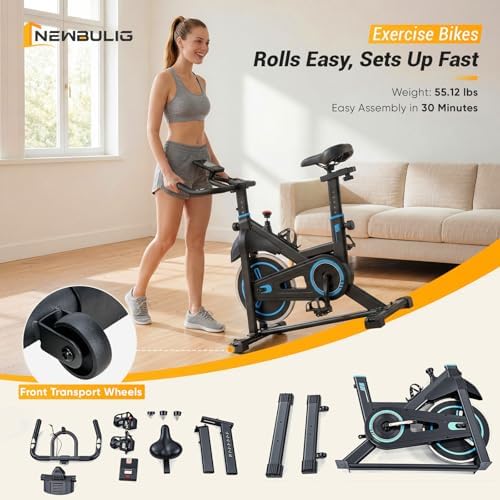 NEWBULIG Exercise Bike with APP, Stationary Bikes for Home, Workout Bike for Adults & Seniors, Cycle Machine, Adjustable Height and Resistance, Low Noise, 265lbs Weight Capacity, Easy Assembly 6