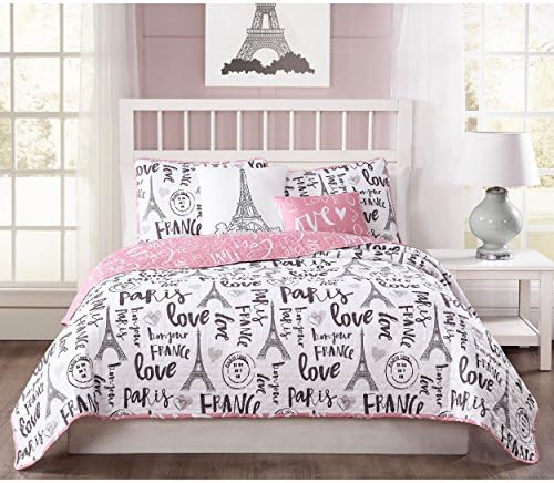 pillows, and Shams, 5-Piece Quilt Set, King, Bonjour Paris Pink/White/Black