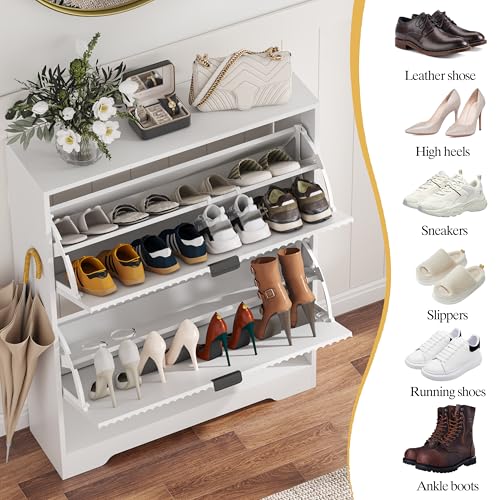 Image of HUANLEGO Shoe Cabinet Storage for Entryway with 2 Flip Drawers, White Fluted Shoe Cabinet with Open Storage, Wooden Hidden Shoe Rack Freestanding Narrow Slim Shoes Organizer for Hallway, Entrance