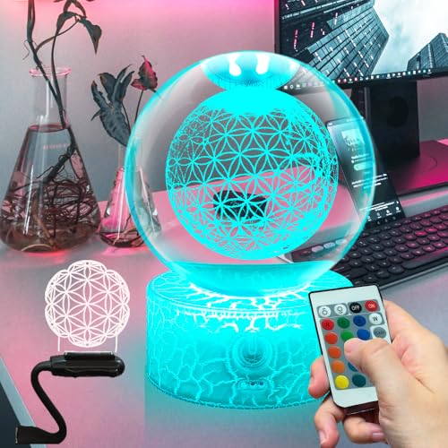 Fanrui 3.15” Crystal Ball with 3D Flower of Life,Clear Crystal Sphere Healing Flower Figurines Lamp,16 Colors Change LED Dimmable Night Light with Remote Control,Gifts for Men,Women,Kids,Boys,Girls