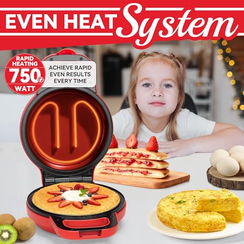 Image of SugarWhisk Flip Pancake Maker Machine, Ceramic Coated Pancake Pan for 6.5 Inch Pancakes, Omelette, Crepe & Quesadilla, Frittata, Double Sided Omelette Pan Nonstick, Red