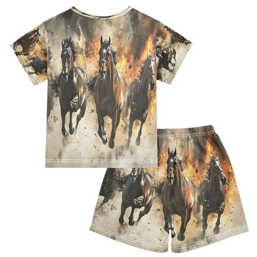 ALAZA Horse Fire Animal Pajamas Set Short Sleeve Cotton Sleepwear Summer Pjs 2 Piece 5-14Y2
