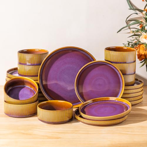 Image of TheTerra Ceramic Dinnerware Sets for 8, 24 Pieces Porcelain Lightweight Plates and Bowls Sets, Scratch Resistant Dish Set, Oven & Microwave & Dishwasher Safe, Amber Amethyst