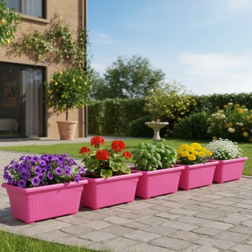 Image of Bianco Rectangular Plastic Pots for Plants, Jupiter Flower Pots for Home, Window Display, Garden (35 x 18.5 x 15 cm) (Pink) (Pack of 5)
