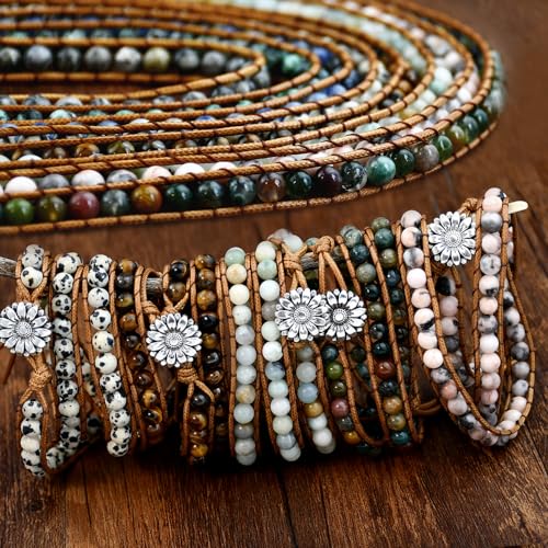 Boho Stone Beads Wrap Bracelet for Women Men Natural Crystal Beaded Wrap Bracelet Adjustable Bohemian Handmade Bracelet Jewelry Gifts3