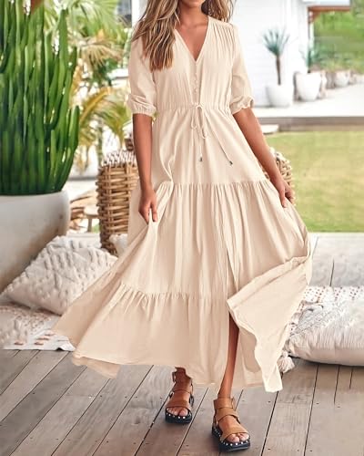 BTFBM Women Summer Dresses Short Sleeves V Neck Button Drawstring Maxi Dresses Solid Color Boho Long Dresses3