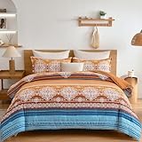 Goodidea Boho Comforter Set King Size 3 Piece Orange Teal Bohemian Striped Comforter Soft Lightweight Microfiber Bedding Set for All Season (King, 104'X90')