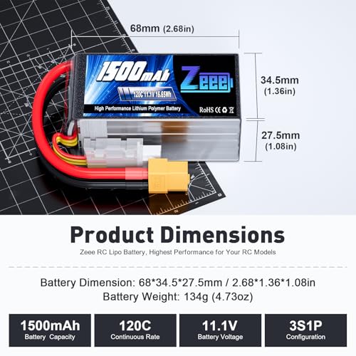 Zeee 3S Lipo Battery 1500mAh 11.1V 120C RC Battery with XT60 Plug for FPV Drone Quadcopter Helicopter Airplane RC Boat RC Car RC Models (2 Pack)
