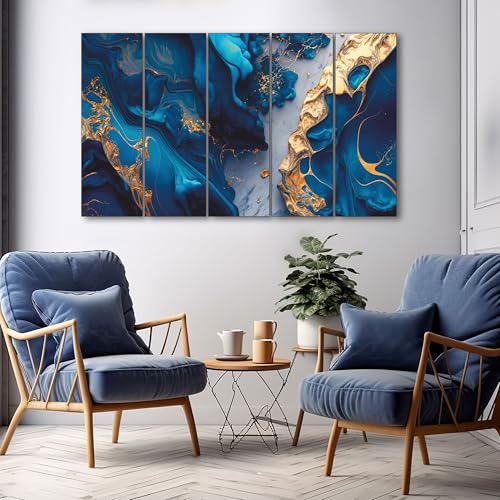 Image of The Castle Decor Lord Blue Gold Sparkle Painting With Frame 5 Big Size (36x60) Multiple Frames Wall Art Painting for Living Room,bedroom,drawing Room,hotels-wooden Framed-digital Painting