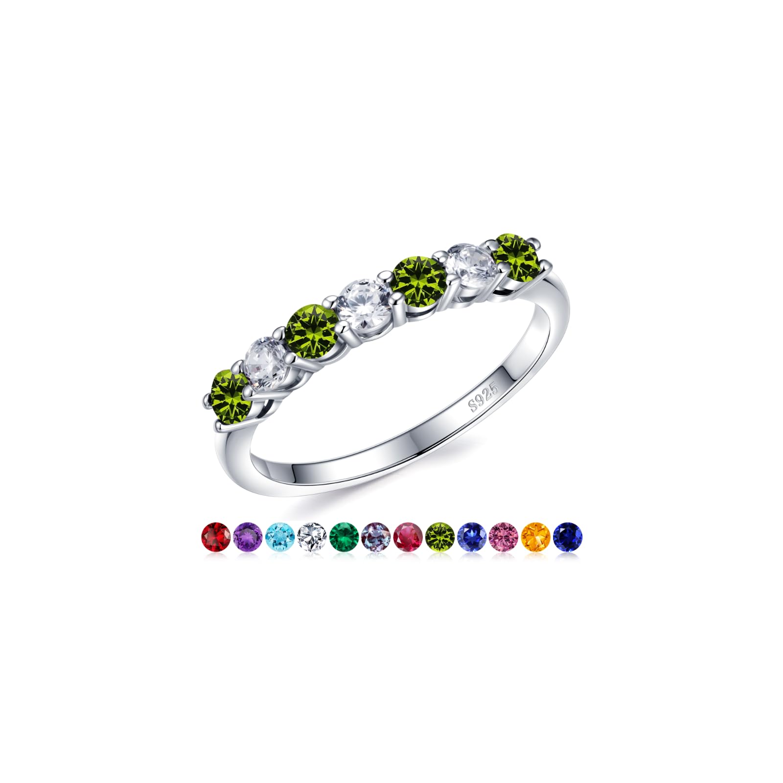 Iefil Birthstone Rings for Women - 925 Sterling Silver Half Eternity Band Rings, Created Gemstone, Birthday Anniversary Wedding Band for Women Wife, 7