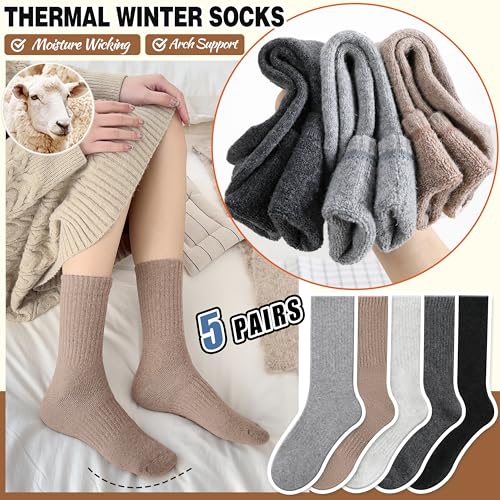 EBMORE Womens Merino Wool Socks Winter Warm Hiking Thick Thermal Cozy Boot Crew Comfy Socks 5 Pairs