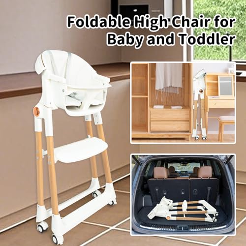 Baby High Chair for Toddler, Foldable High Chair for Dining Table Highchair with 5 Point Harness Seat Removable Adjustable Tray Portable Baby Dinning Chair with Lockable Wheels Easy to Clean Surface