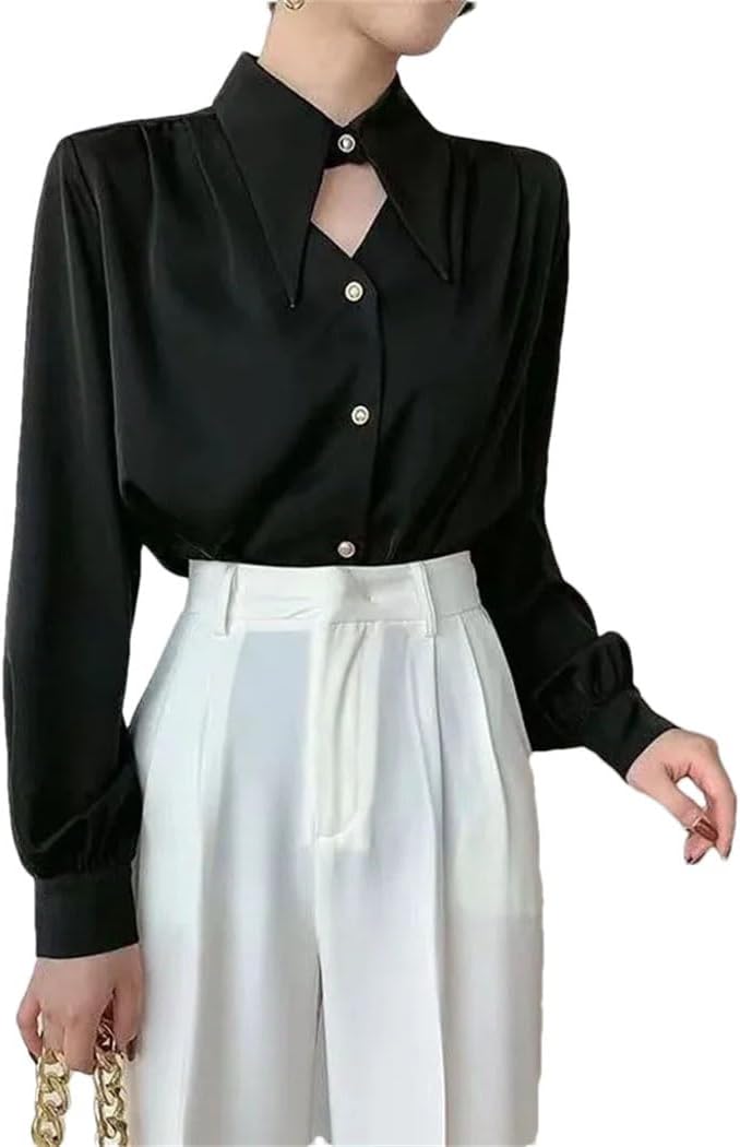 Women Fashion Turn-Down Collar Long Sleeve Blouse Female Clothing Spring Solid Color Button Down Shirts