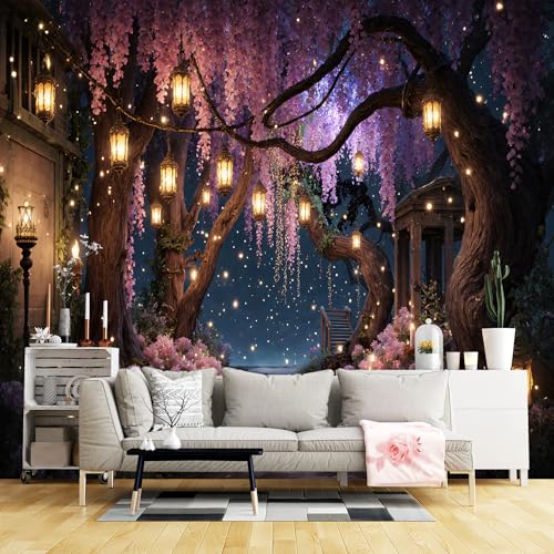 Custom Size Wall Murals, Magical Night Enchanted Garden Wisteria Self-Adhesive Wall Fabric (NO PVC) Removable Large Photo Wallpaper for Living Room, Bedroom, Office